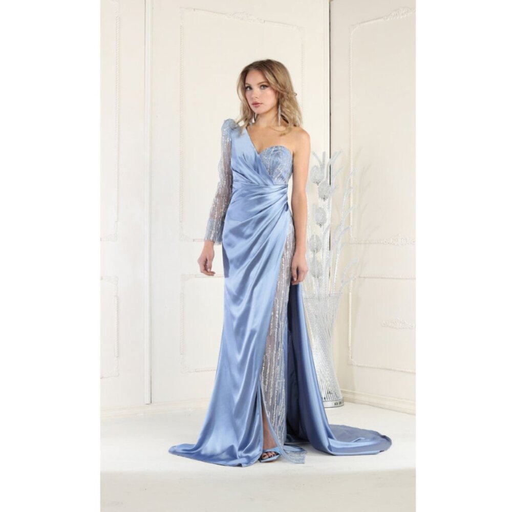 Dusty Blue Formal Long Sweetheart One Sleeve Sheath Dress By Royal Queen RQ7980